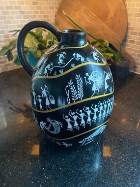 Vintage Black/White/Gold Painted Pottery Jug 9”